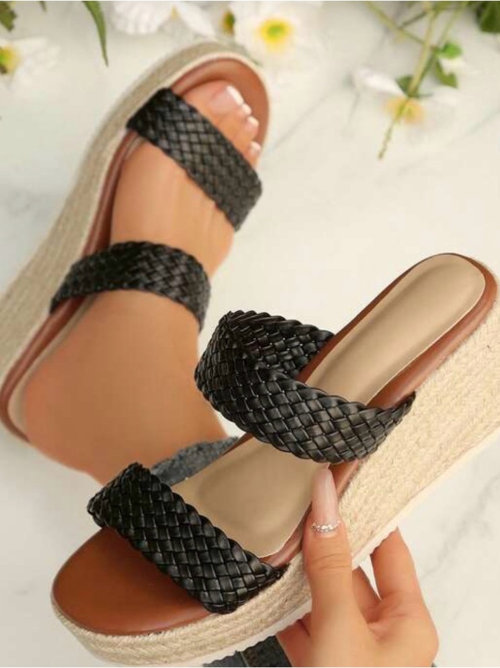 MIA Black Woven Strap Wedges
